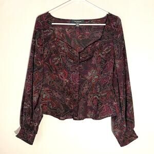 ModCloth Lightweight Paisley Black Red Flowy Long Sleeve Top Women's size Medium